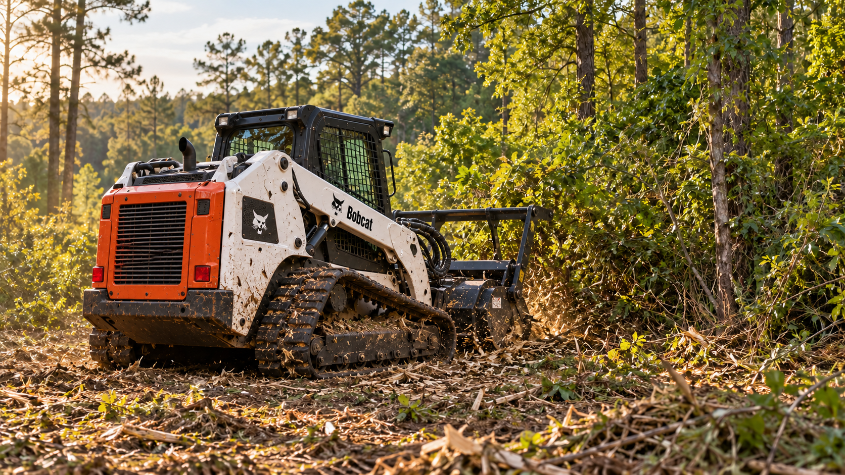 Representative forestry mulcher clearing dense woodland brush